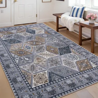 Calinline Dunkelgrau Vintage Waschbarer Teppich Schlafzimmer, 80x150 cm | Kurzflor Waschbar Boho Teppich Wohnzimmer, Rutschfester Orientalischer Perserteppich, Carpet für Esszimmer Büro Küche