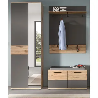 Garderobe Set 3-teilig "Tomaso" Eiche und grau mit Soft-Close und Sitzkissen - Grau, Naturbelassen