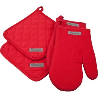 ROSS Topflappen »Exclusiv«, (Set, 4 tlg.), 2x Topflappen und 2x Grillhandschuh, 100% Baumwolle, rot