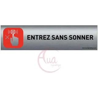 Plaque de porte aluminium brossé imprimé -Dimensions 200 x 50 mm - Double face adhésif au dos - Impression UV directement sur l'aluminium (Pas de contre collage) (Entrez sans sonner)