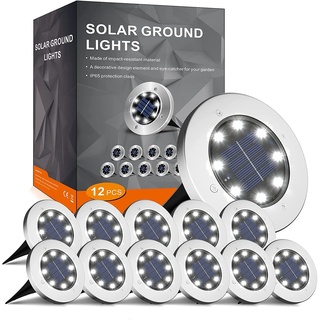 FLOWood Solar Bodenleuchte Solarleuchte für Garten Solar Außenleuchte 8 LEDs wasserdicht Edelstahl + Kunststoff 12 Stk