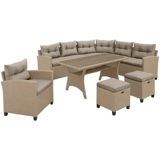 KONIFERA Gartenlounge-Set »Keros Premium«, (Set, 20 tlg., 2x 2er Sofa, 1x Ecke, 1x Sessel, 2x Hocker, 1x Tisch 145x75x67,5cm), Ecklounge, Polyrattan, Stahl, geeignet für 8 Personen, inkl. Auflagen, beige