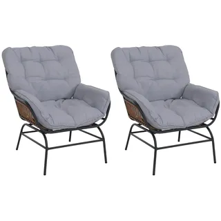 Mendler 2er-Set Gartenstuhl HWC-P75, Gartensessel Loungesessel, Stoff 220g/m2 Poly-Rattan Metall ~ dunkelgra
