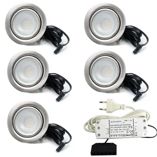 5er Set LED Einbaustrahler Möbelleuchte Möbeleinbaustrahler flach 2,7W LED 12V/ DC warmweiß 3000K / 200Lm Farbe Edelstahlgebürstet + 15Watt LED Trafo 230V