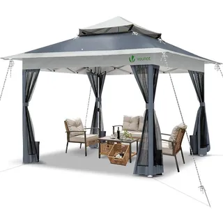 VOUNOT Pavillon Faltbar 3.6x3.6m, UV Schutz 50+ & Wasserdicht & Stabil, Pop Up Faltpavillon mit 4 Seitenteilen/Moskitonetz, Gartenzelt Partyzelt Gartenpavillon mit 4 Gewichte, Tasche, Grau