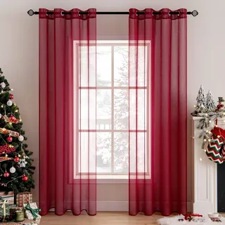 MIULEE Sheer Voile Vorhang Weihnachtsdeko mit Ösen Transparente Optik Gardine Ösenvorhang Ösenschal Transparent Durchsichtig für Schlafzimmer Wohnzimmer 140x137 cm (B x H) 2er Set Rot