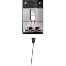 Melitta Purista F 230-101 Kaffeevollautomat mit flüsterleisem Kegelmahlwerk (Direktwahltaste, 2-Tassen Funktion, 20 cm Breite) silber/schwarz + Milchlanze für Kaffeevollautomaten, Edelstahl, Schwarz