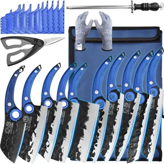 XYJ Professionelles Küchenmesser-Set mit geschmiedeten Klingen aus Hartstahl, Kochmesser, Hackbeil, Tranchiermesser, Nakiri, Full Tang Design, inkl. Tragetasche & Geflügelschere, Weihnachtsgeschenke