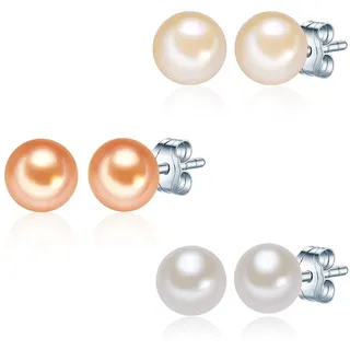 Valero Pearls - 3-er Set Ohrstecker Sterling Silber Süßwasser-Zuchtperlen pink rosa orange Ohrringe Damen