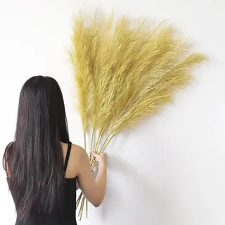 YiYa 6 Stück Pampasgras Kunstblumen Deko 113CM Trockenblumen Groß Pampasgras Groß Gold Flauschiges Pampasgras Deko für Boho für Wohnzimmer Hochzeit Schlafzimmer