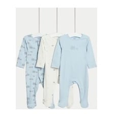 Boys M&S Collection 3pk Pure Cotton Elephant Print Sleepsuits (0-3 Yrs) - Ice Blue, Ice Blue - 1 M