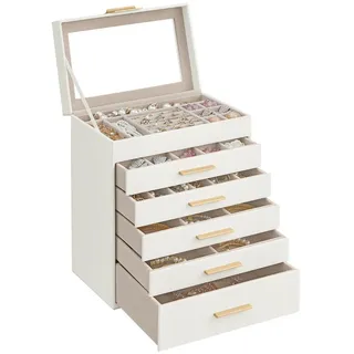Boxxx Schmuckkästchen , Weiß, Goldfarben , Glas, Textil, Holzwerkstoff , 25.1x29x16.3 cm , Ringhalter, Kosmetikspiegel, Schubladen herausnehmbar , Kleinmöbel, Schmuckkästchen & Schmuckschränke