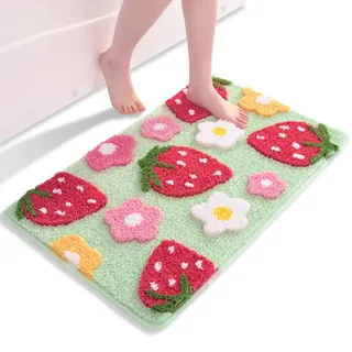 QJHOMO Grün Badezimmerteppich Erdbeer Badematte rutschfest Waschbar Badteppich Bunt Badvorleger Weiche Mikrofaser Duschvorleger Absorbierende Badezimmer Teppich 50 x 80 cm