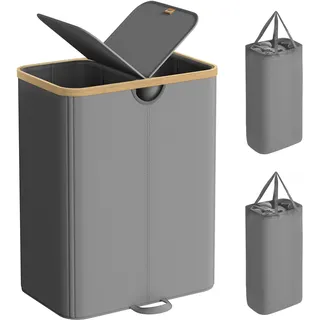 SONGMICS Wäschekorb 2 Fächer, Wäschesammler, 150 Liter, Wäschesortierer mit Deckel, Wäschetonne, Wäschesäcke herausnehmbar, für Waschküche, Schlafzimmer, Wohnzimmer, schiefergrau-naturbeige LCB523G01