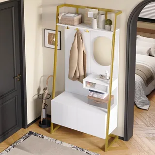 MODFU Minimalistische Kompaktgarderobe Flurschrank mit Spiegel und Metallhaken,Garderobenständer mit Schuhschrank und Scharnierdesign,Weiß - Weiß