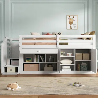 Flieks Etagenbett 90x200cm mit Schrank, Hochbett mit Leiter und Treppe, Kinderbett Stockbett Einzelbett mit Rausfallschutz, Holzbett für Kinder, Weiß - Weiß