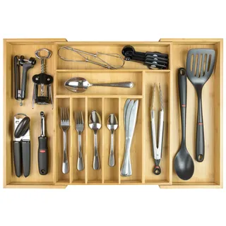 KitchenEdge Premium Besteck-, Besteck- und Utensilien-Organizer für Küchenschubladen, erweiterbar auf 63 cm Breite, 10 Fächer, 100% Bambus