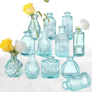 Blaue Vase, Knospenvasen, Set mit 12 Stück, blaue Glasvase, kleine Vintage-Blumenvase für Dekoration, gerippte Glasvasen in Großpackung, Hochzeitsdekoration, Brautparty, Party, Tafelaufsätze, Zuhause,