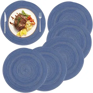 Runde Platzdeckchen Baumwolle Tischsets 14 inch Pflegeleicht Abwaschbar Geflochtene Platzsets für Küche Speisetisch, Party Dekor (6er Set) Blau