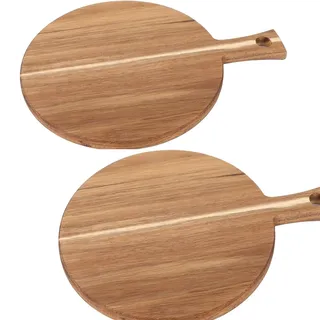 SHUESS 2 Stück Pizzabrett Holz Pizzabrett rund 40 cm aus Akazienholz mit Griff – Pizzateller Holz Set, Schneidebrett Pizza Holzbrett & Servierbrett, pizza brett für Pizza Brot Flammkuchen