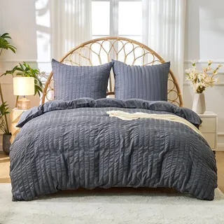 Simple&Opulence Seersucker Bettwäsche 155x220cm, Kühlende Wende Bettwäsche Set aus Mikrofaser, Gestreift Muster Bettbezug und 1 Kissenbezug 80x80cm, Dunkelgrau