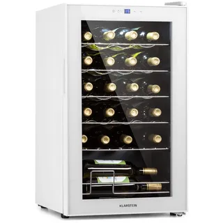 Klarstein Weinkühlschrank, 1 Zonen Getränkekühlschrank Klein, Freistehender Kleiner Weinschrank, 63L Wein-Kühlschrank mit Glastür, Indoor/Outdoor Flaschenkühlschrank, Wine Fridge 24 Flaschen - Weiß