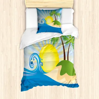 ABAKUHAUS Strand Mantele, Sun Rays Tropical Island, Milbensicher Allergiker geeignet mit Kissenbezügen, 135 cm x 200 cm - 80 x 80 cm, Blau Gelb Grün