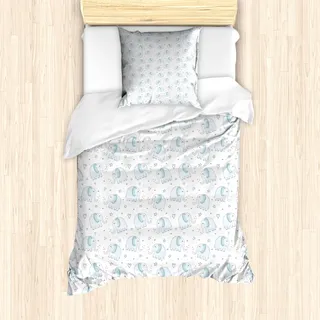 ABAKUHAUS Elefant Mantele, Tiere Herz-Stern, Milbensicher Allergiker geeignet mit Kissenbezügen, 135 cm x 200 cm - 80 x 80 cm, Baby Blue Cinnamon Weiß - Weiß