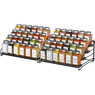 ZDDLOINP 4 Etagen Einstellbare Gewürzregale, Gewürzregal Ohne Bohren, Stapelba Gewürz Organizer, Gewürzregal Stehend, Gewürzregale für die küche, Schwarz 2er Set