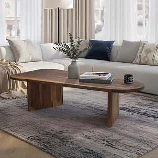 FineBuy Couchtisch Sheesham Massivholz oval 120cm · Handgefertigter Wohnzimmertisch mit massiven Plattenfüßen · Moderner Sofatisch aus Echtholz - Braun