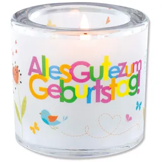 Butzon & Bercker Lichtmomente Windlicht – Alles Gute zum Geburtstag – Mundgeblasenes Glas mit Blumendesign & Spruch – Dekoratives Teelicht im Kerzenglas mit Geschenkverpackung