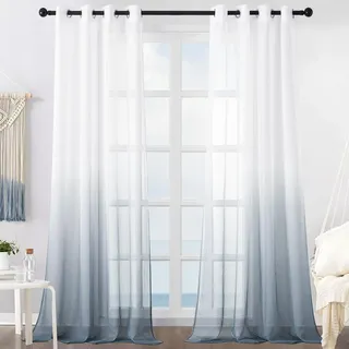 MRTREES Voile Gardinen Farbverlauf Leinenoptik Transparent Vorhang Kurz Tüllvorhang mit Ösen in Grau Weiß Verlauf 260×140cm (H×B) Modern für Dekoration Kinderzimmer Wohnzimmer Schlafzimmer 2er-Set