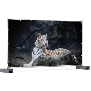 Wallario XXL Outdoor-Poster für Garten oder Balkon, Motiv Weißer Tiger auf einem Felsen, in ca. 340 x 173 cm - Blau