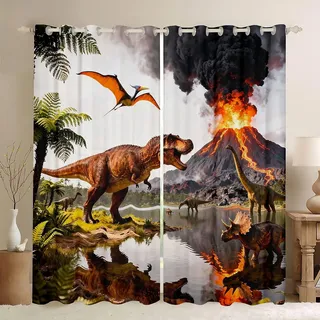 Homemissing Dinosaur Vorhänge 175x140cm Kinder 3D Dino Drucken Gardinen für Jungen Mädchen Teens Jungle Dino Fenstervorhang Wildes Tier Braun Grau Rot Blickdichte Vorhänge Dekorativ
