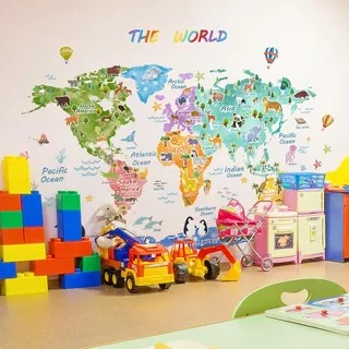 Fufuquare Große THE WORLD Tier Verbreitung Wandtattoo Wasserdichter Weltkarte Wandaufkleber für Kinderzimmer Kindergarten und Klassenzimmer
