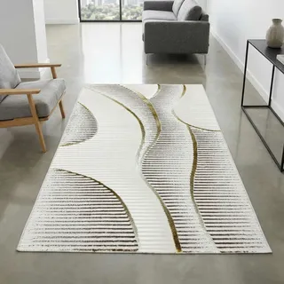 CARPETIA Kurzflor Teppich Wellenlinien Creme Gold mit Glanzeffekt 80x150 cm | Weich, pflegeleicht, schmutzabweisend und formstabil, seitlich gekettelt, OEKO-TEX geprüft, für Fußbodenheizung