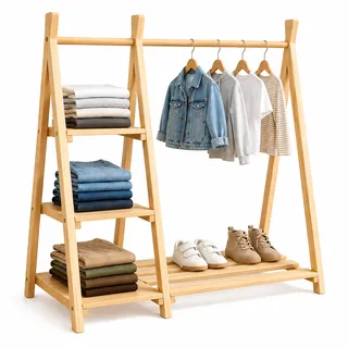 Relaxdays Kleiderständer Kinder, Kiefernholz, Kleiderstange & Regal, HBT: 111,5 x 112 x 48 cm, Kinderzimmer, Natur