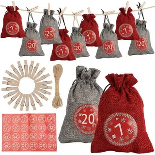 Selbstbaumer Adventskalender - 24 Jutebeutel - Rote Aufkleber - Beigefügt sind Knöpfer und Seil - Selbst gestalteter Adventskalender - Weihnachtsdekoration - Weihnachten - Weihnachtsgeschenk - Zähle runter zum Weihnachtsfest