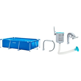 Intex Rectangular Frame Pool - Aufstellpool, Blau - 220 x 150 x 60 cm & Oberflächenskimmer - Deluxe Oberflächenskimmer zur Wandmontage - Hängeskimmer, Grau