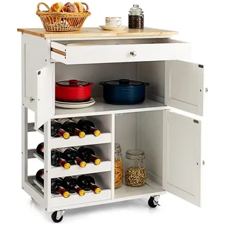 FANTASK Servierwagen auf Rollen, Küchenwagen mit Schubladen & 3-stöckigem Weinregal & Arbeitsplatte, Küchentrolley im Landhausstil, für Küche Restaurant Bar (Weiß)