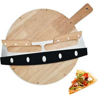 BSDLZCH Pizzabrett aus Eichenholz Rund 40×30 cm mit Pizzaschneide | Multifunktionale Servierbrett mit Griff & 33cm Pizzamesser, Zubehör für Pizza, Flammkuchen, Focaccia & Brot