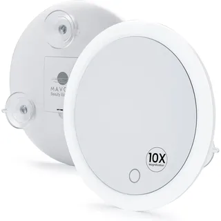 Mavoro 17cm LED Vergrößerungsspiegel mit 3 starken Saugnäpfen | 10X Vergrößerung | Tragbarer beleuchteter Reise Make-up- & Kosmetikspiegel (4× AAA batteriebetrieben | 10X)