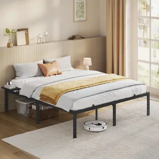 VASAGLE Bett 160 x 200 cm, Gästebett mit Aufbewahrungsregalen, Doppelbett, Bettgestell aus Metall, Bettrahmen, Metallbett, einfache Montage, klassikschwarz RMB095B01