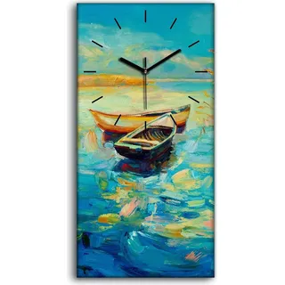 Wanduhr Bürouhr Leinwand Bild Quarz 30x60 See boote blau Himmel Landschaft - schwarze Hände - Blau