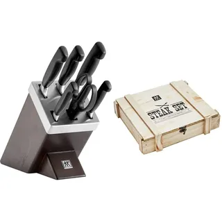 ZWILLING Selbstschärfender Messerblock, 7-tlg., Holzblock, Messer und Schere & 07150-359-0 Steak Besteckset in rustikaler Holzbox, Edelstahl, 12-teilig