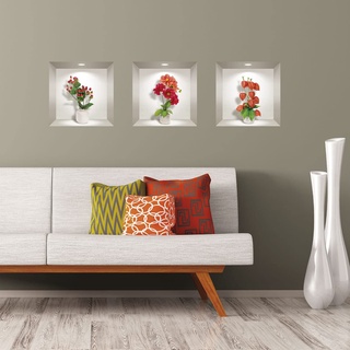 3D-Aufkleber, selbstklebend, 3D-Effekt, Dahlia-Effekt, rot, orange und Blumen, Wandtattoo, Schlafzimmer, Wandaufkleber, 3D-Deko, Wohnzimmer, Wandtattoo, Trompe, Auge, 40 x 120 cm