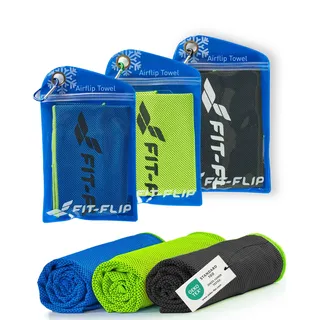 Fit-Flip Kühltuch 3er Set – kühlendes Handtuch Fitness und Sport – mikrofaser kühlhandtuch – Airflip kühltücher – cool Ice Towel (schwarz-grün/grün/dunkel blau-grün, 100x30cm)