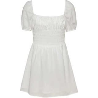 Babydollkleid TOMMY JEANS "TJW COTTON VOILE MINI DRESS EXT", Damen, Gr. L (40), N-Gr, beige (ecru), Web, Obermaterial: 100% Baumwolle, unifarben, ausgestellt mini, eckiger Ausschnitt, Puffärmel elastischer Bund, Kleider Babydollkleid, in Mini-Länge, mit Raffungen