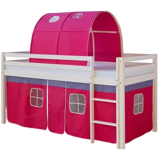 Homestyle4u Hochbett 90 x 200 cm Kiefer massiv lackiert Weiß/Pink