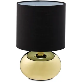 Relaxdays Tischlampe, Metallfuß & Stoffschirm, E14, HxD: 28x18 cm, Nachttischlampe mit Kabel, Schlafzimmer, Gold/schwarz